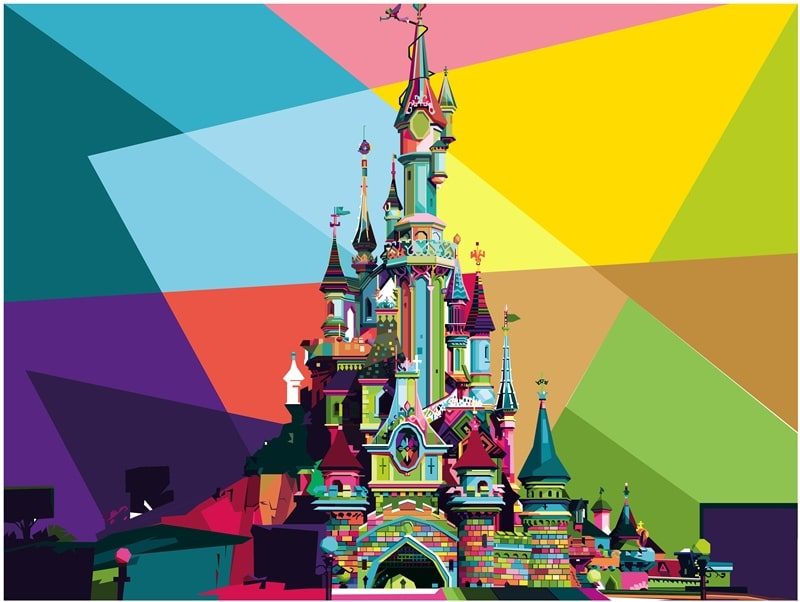 Bunte Grafik mit dem Märchenschloss im Disneyland Paris
