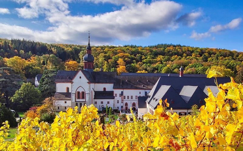 Blick von den umliegenden Weinbergen auf das Kloster Eberbach im Herbst.